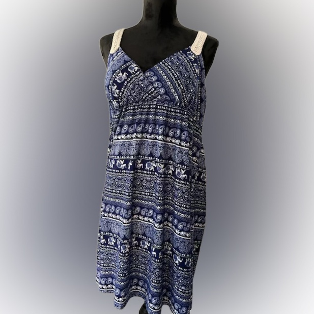 Blue 🌞 NO BOUNDARIES patterned sundress, crocheted back & straps